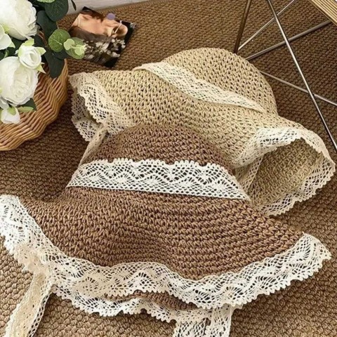 Womens Fashion Foldable Wide Brim Sun Hat with Lace Bow