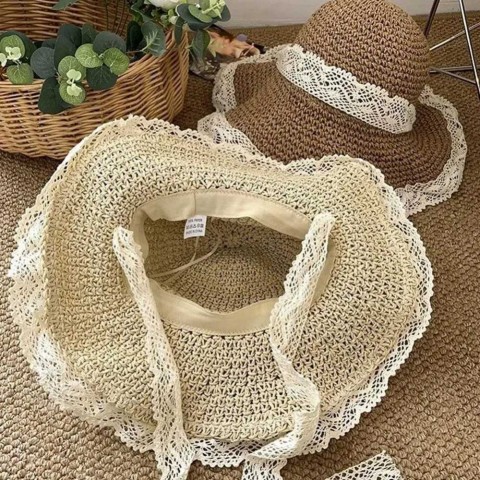 Womens Fashion Foldable Wide Brim Sun Hat with Lace Bow