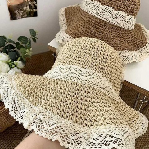 Womens Fashion Foldable Wide Brim Sun Hat with Lace Bow