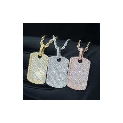 Ready to Ship Men's Hip Hop Iced Out Moissanite Dog Tag Pendant with Pure Gold Popcorn Chain