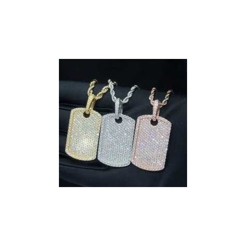 Ready to Ship Men's Hip Hop Iced Out Moissanite Dog Tag Pendant with Pure Gold Popcorn Chain