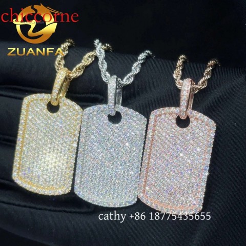 Ready to Ship Men's Hip Hop Iced Out Moissanite Dog Tag Pendant with Pure Gold Popcorn Chain