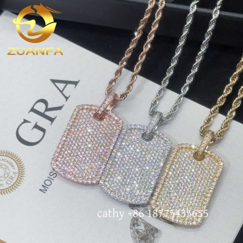 Ready to Ship Men's Hip Hop Iced Out Moissanite Dog Tag Pendant with Pure Gold Popcorn Chain