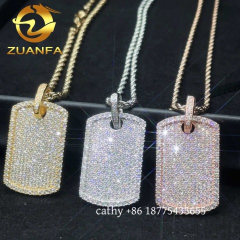 Ready to Ship Men's Hip Hop Iced Out Moissanite Dog Tag Pendant with Pure Gold Popcorn Chain