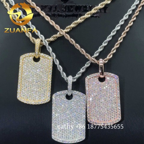 Ready to Ship Men's Hip Hop Iced Out Moissanite Dog Tag Pendant with Pure Gold Popcorn Chain