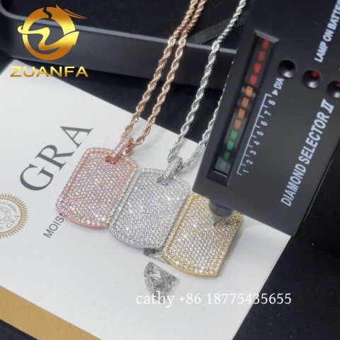 Ready to Ship Men's Hip Hop Iced Out Moissanite Dog Tag Pendant with Pure Gold Popcorn Chain