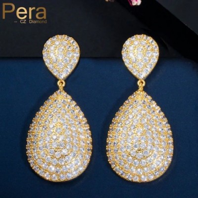 Shiny Full Yellow Gold Water Drop CZ Zircon Earrings for Women Wedding E485