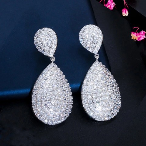 Shiny Full Yellow Gold Water Drop CZ Zircon Earrings for Women Wedding E485