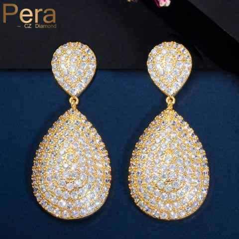 Shiny Full Yellow Gold Water Drop CZ Zircon Earrings for Women Wedding E485