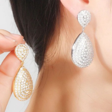 Shiny Full Yellow Gold Water Drop CZ Zircon Earrings for Women Wedding E485