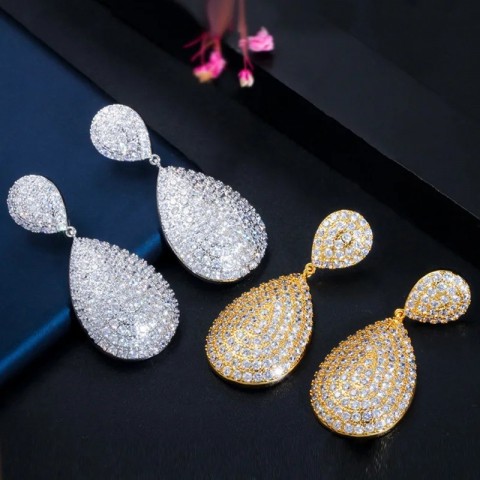 Shiny Full Yellow Gold Water Drop CZ Zircon Earrings for Women Wedding E485