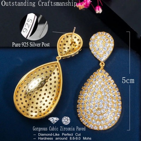 Shiny Full Yellow Gold Water Drop CZ Zircon Earrings for Women Wedding E485