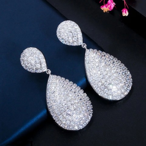 Shiny Full Yellow Gold Water Drop CZ Zircon Earrings for Women Wedding E485