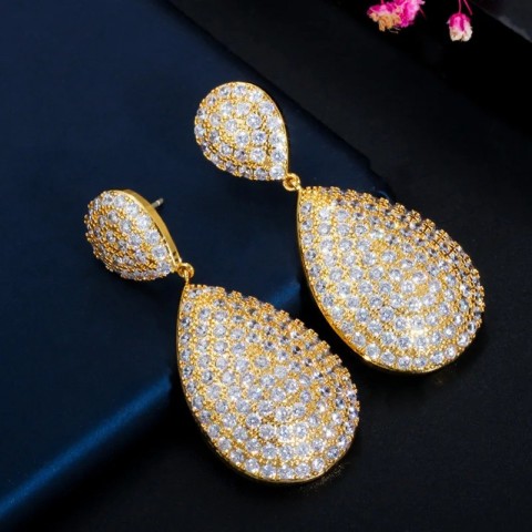 Shiny Full Yellow Gold Water Drop CZ Zircon Earrings for Women Wedding E485