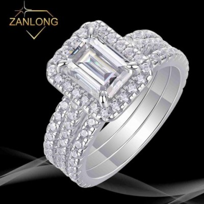 Zanlong Women's Emerald Cut Moissanite Band Ring Set in Sterling Silver