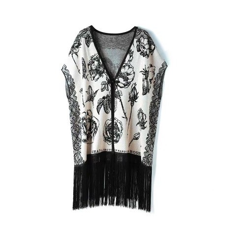 Winter Rice White Wool Shawl Cardigan with Floral Tassel Cape for Women