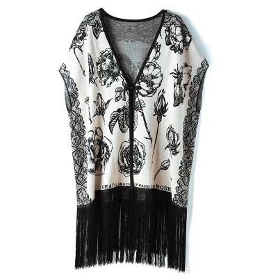Winter Rice White Wool Shawl Cardigan with Floral Tassel Cape for Women