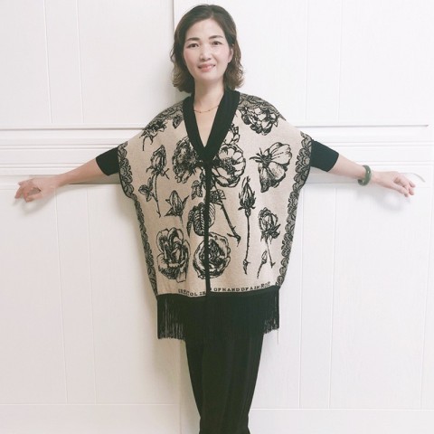 Winter Rice White Wool Shawl Cardigan with Floral Tassel Cape for Women
