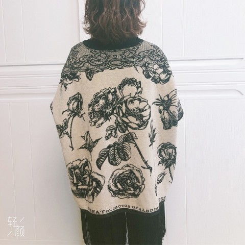 Winter Rice White Wool Shawl Cardigan with Floral Tassel Cape for Women
