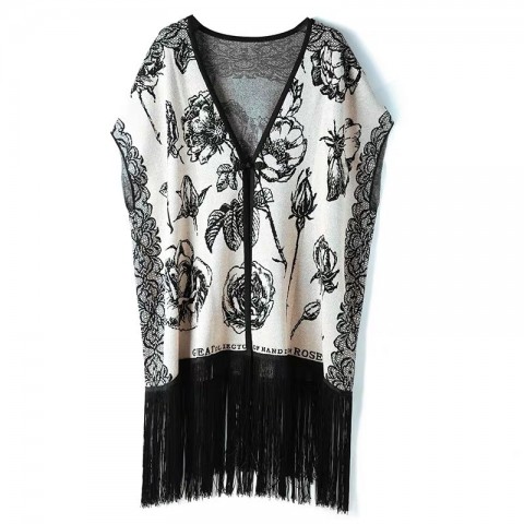 Winter Rice White Wool Shawl Cardigan with Floral Tassel Cape for Women
