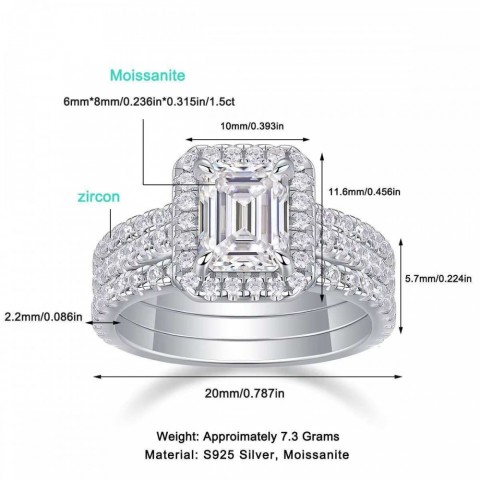 Zanlong Women's Emerald Cut Moissanite Band Ring Set in Sterling Silver