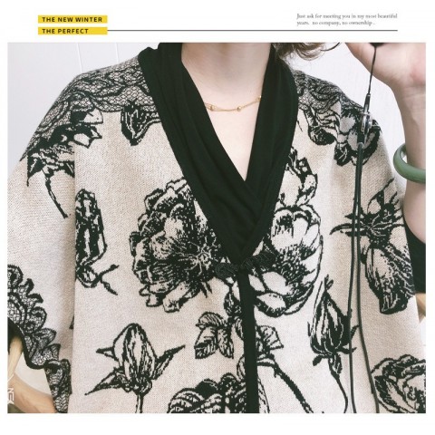 Winter Rice White Wool Shawl Cardigan with Floral Tassel Cape for Women