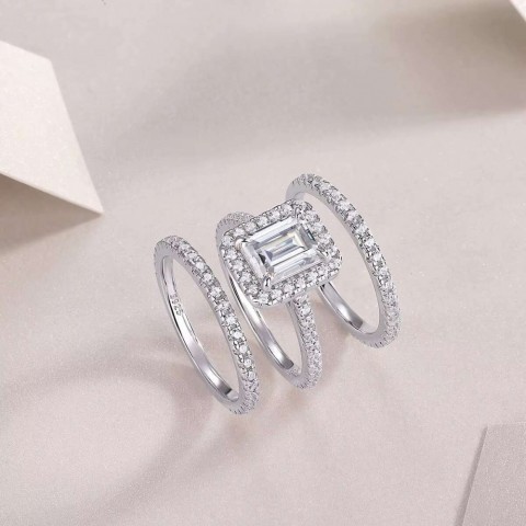 Zanlong Women's Emerald Cut Moissanite Band Ring Set in Sterling Silver