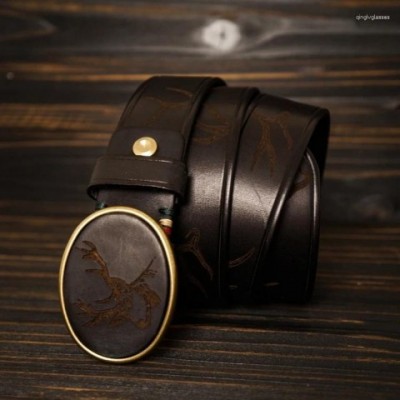 Belts Men's Retro Smooth Buckle Deer Carving Thickened Cowhide Brass Belt