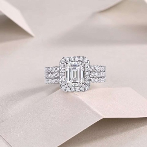Zanlong Women's Emerald Cut Moissanite Band Ring Set in Sterling Silver