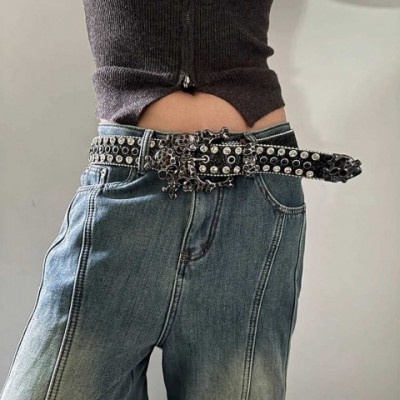 Skull Rhinestone Luxury Belt for Women, Crystal Encrusted, Narrow PU, Blue Copper Buckle J250225