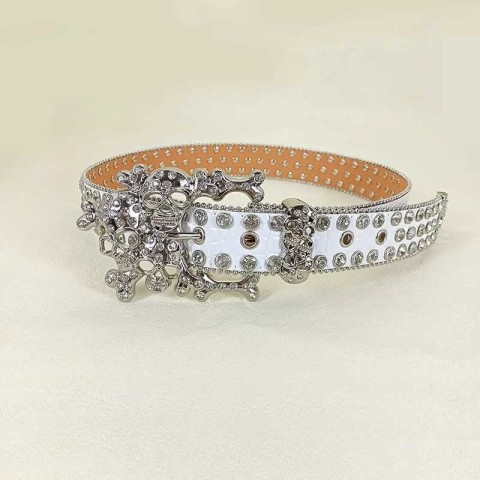 Skull Rhinestone Luxury Belt for Women, Crystal Encrusted, Narrow PU, Blue Copper Buckle J250225
