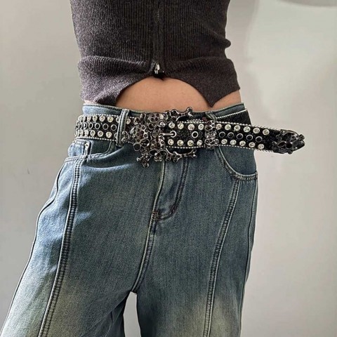 Skull Rhinestone Luxury Belt for Women, Crystal Encrusted, Narrow PU, Blue Copper Buckle J250225