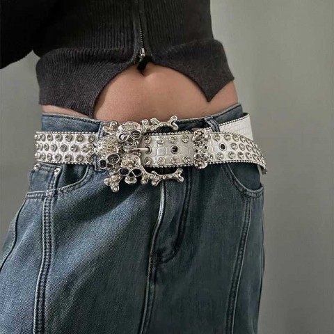 Skull Rhinestone Luxury Belt for Women, Crystal Encrusted, Narrow PU, Blue Copper Buckle J250225