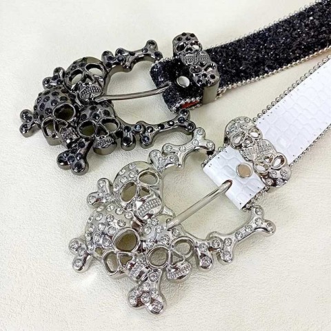 Skull Rhinestone Luxury Belt for Women, Crystal Encrusted, Narrow PU, Blue Copper Buckle J250225