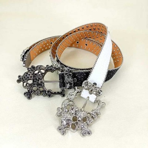 Skull Rhinestone Luxury Belt for Women, Crystal Encrusted, Narrow PU, Blue Copper Buckle J250225