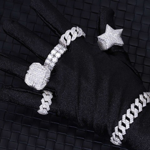 Custom GRA Certified 925 Silver Iced Hip Hop Star Moissanite Men's Cuban Link Band Ring