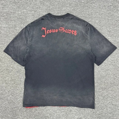 2023 Spring/Summer Men's Oversized Vintage Washed Black T-Shirt with Damaged Holes and Red Letter Print