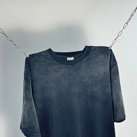 2023 Spring/Summer Men's Oversized Vintage Washed Black T-Shirt with Damaged Holes and Red Letter Print