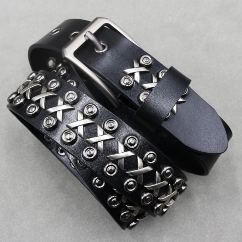 Metal Rivet Genuine Leather Punk Belt for Men - Fashionable Narrow Width Golden Buckle