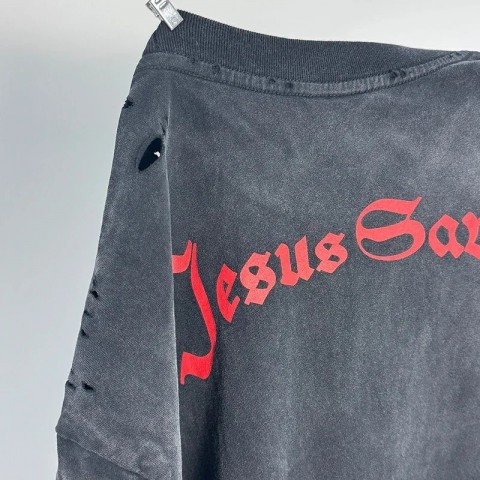 2023 Spring/Summer Men's Oversized Vintage Washed Black T-Shirt with Damaged Holes and Red Letter Print