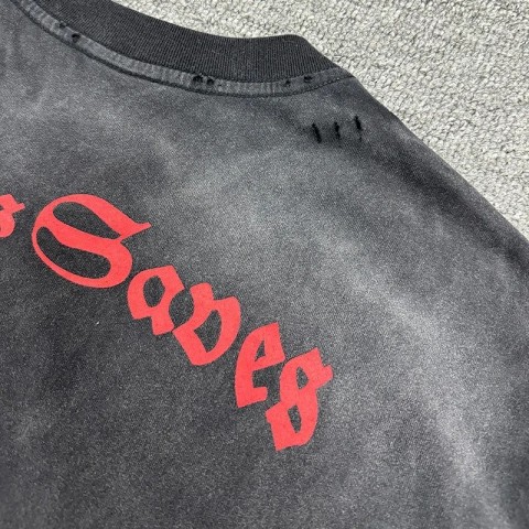 2023 Spring/Summer Men's Oversized Vintage Washed Black T-Shirt with Damaged Holes and Red Letter Print