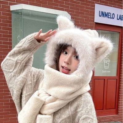 Warm Plush Fox Ear Cap and Scarf Set for Women