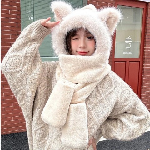 Warm Plush Fox Ear Cap and Scarf Set for Women