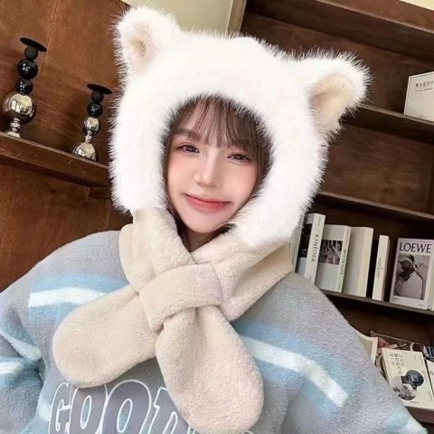 Warm Plush Fox Ear Cap and Scarf Set for Women