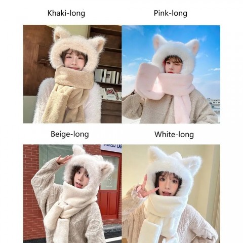Warm Plush Fox Ear Cap and Scarf Set for Women
