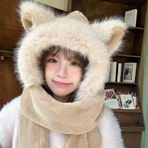 Warm Plush Fox Ear Cap and Scarf Set for Women