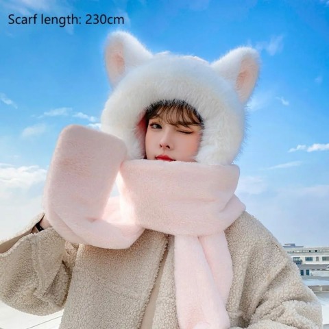 Warm Plush Fox Ear Cap and Scarf Set for Women
