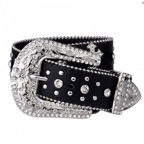 Black PU Narrow Belt with Golden Rivet Buckle for Men