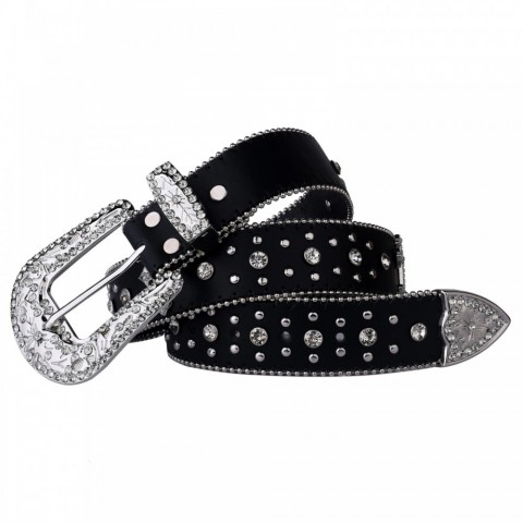 Black PU Narrow Belt with Golden Rivet Buckle for Men