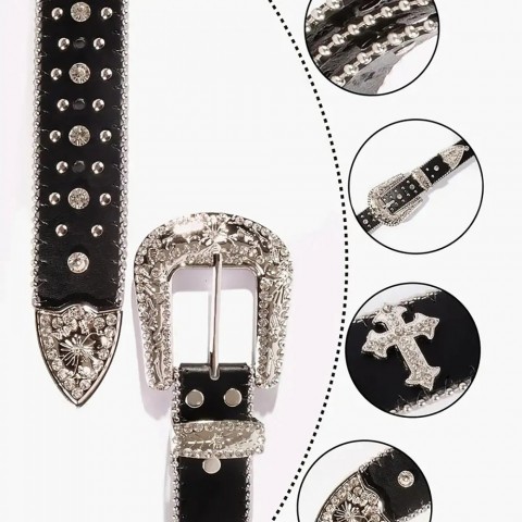 Black PU Narrow Belt with Golden Rivet Buckle for Men